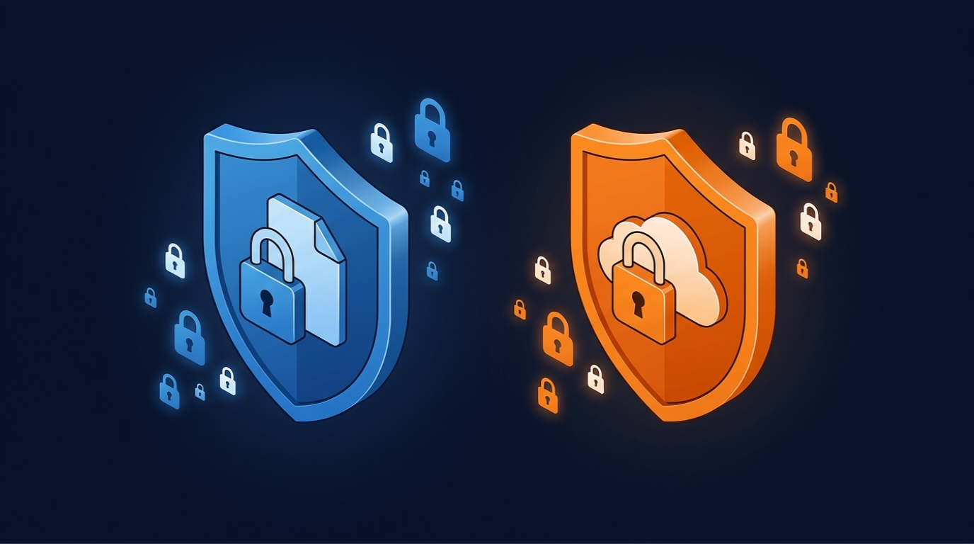 Microsoft (blue) and Google (orange) security shields with padlock icons on a dark background