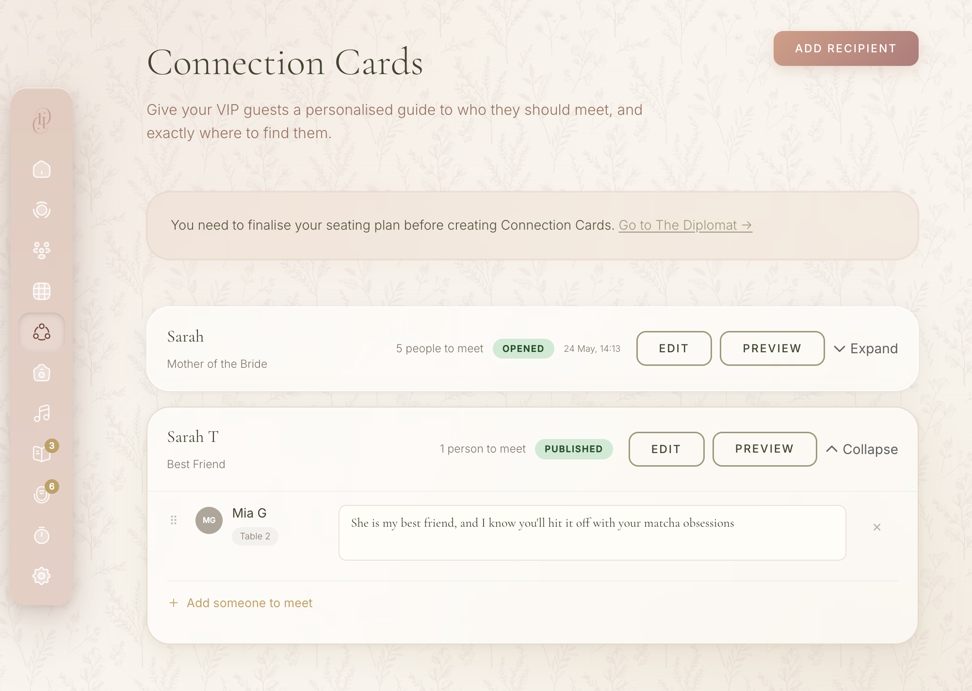Connection Cards feature showing VIP guest introductions