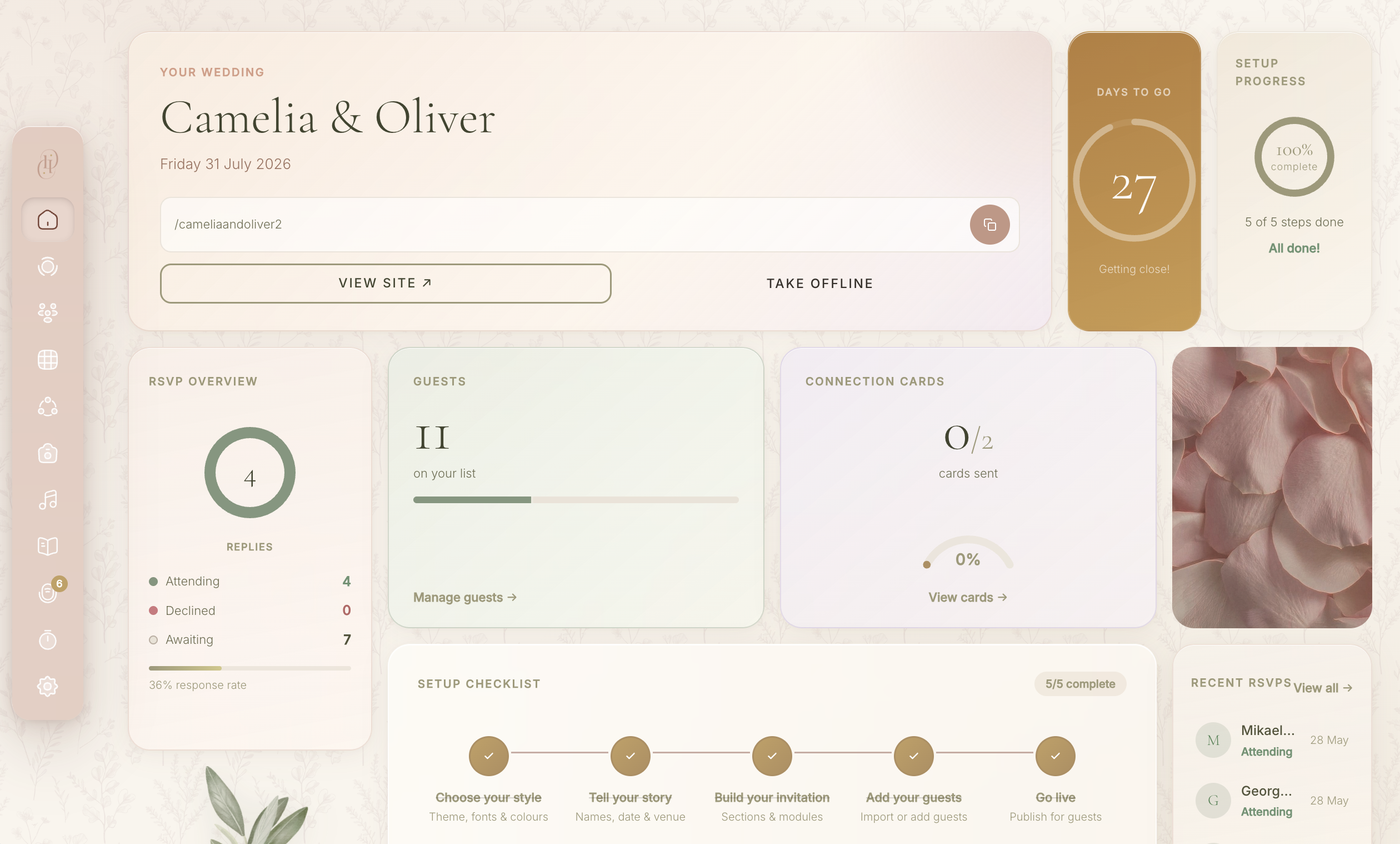 Dear Delilah couple dashboard showing RSVP overview, guest count, and setup progress