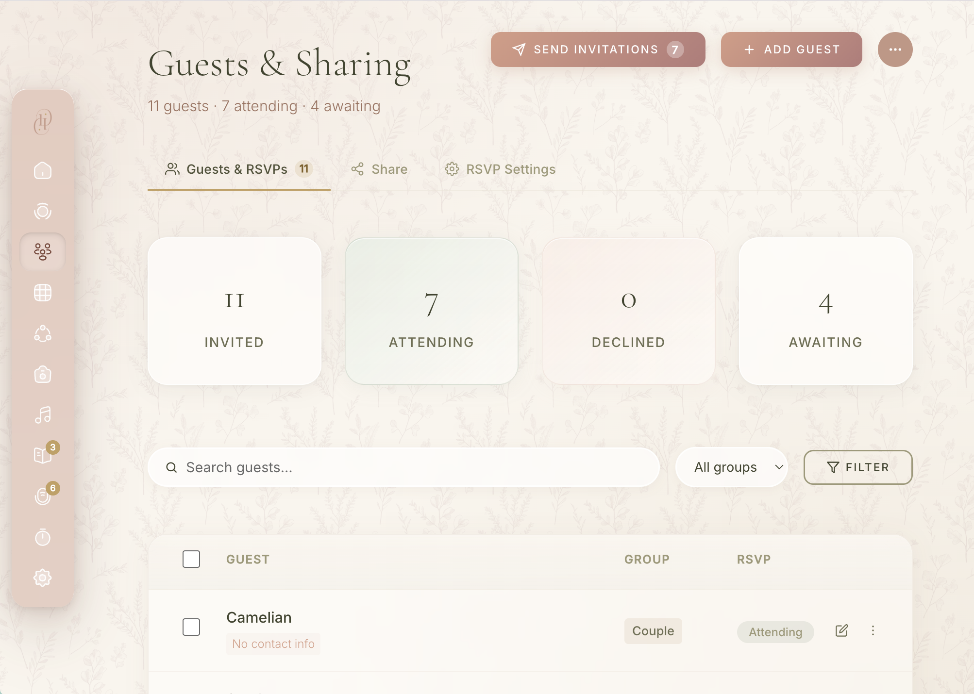 Guests and RSVP management screen showing 11 invited, 7 attending, 4 awaiting