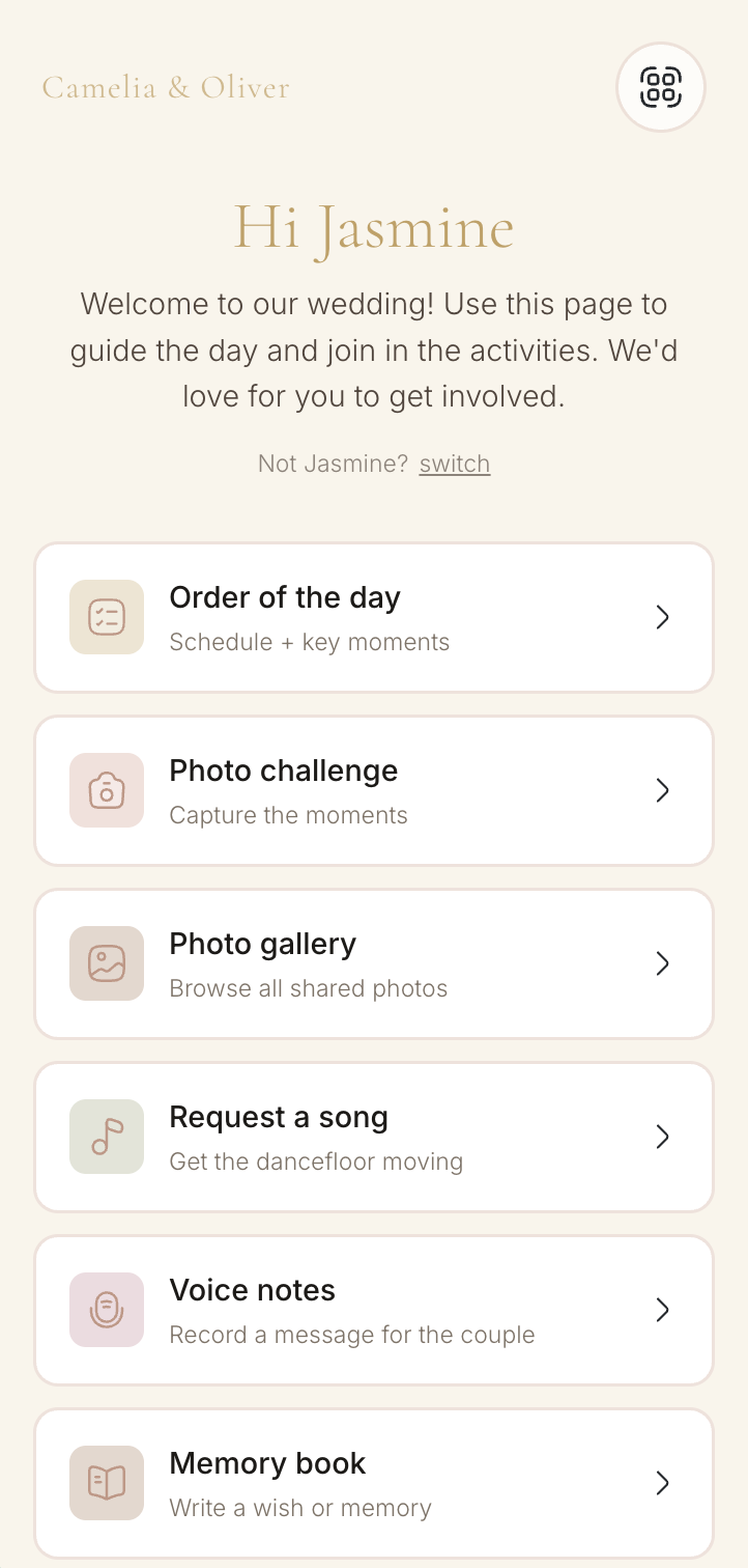 On the day guest menu showing order of day, photo challenge, gallery, song request, voice notes, and memory book