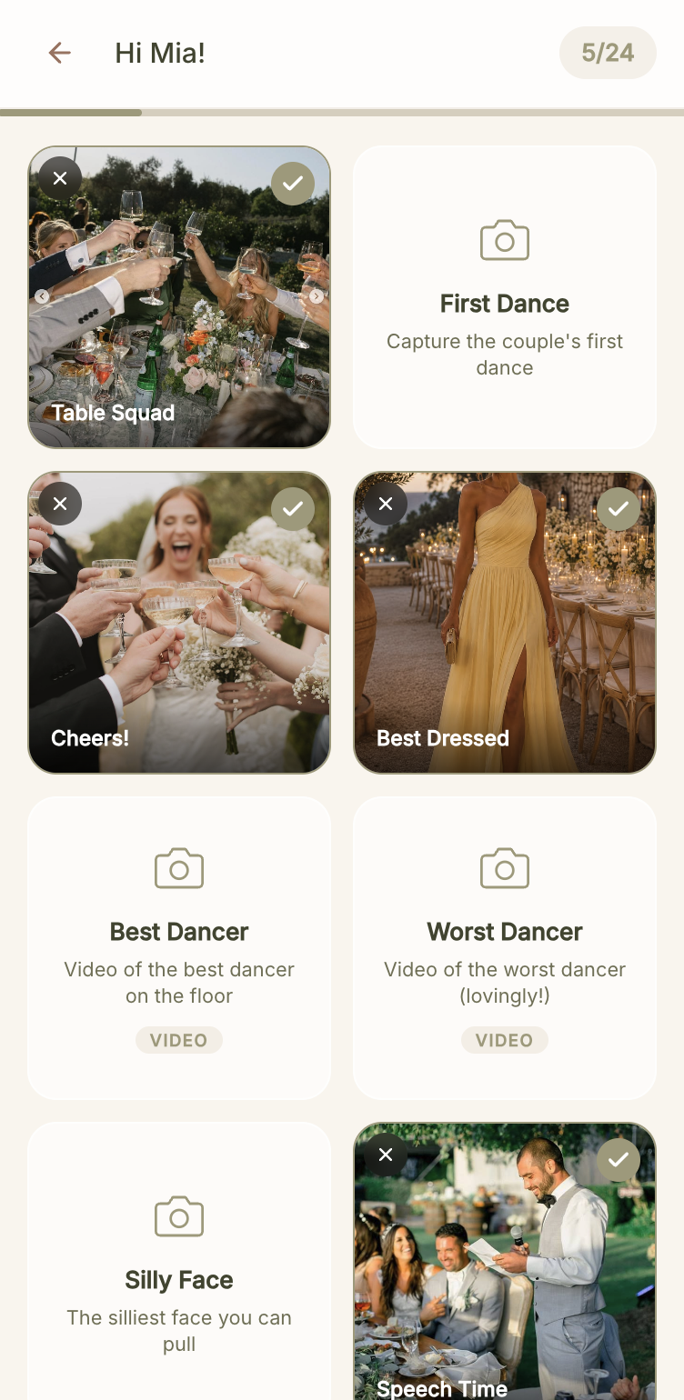 Photo challenge grid showing completed and remaining shots including first dance, table squad, best dancer