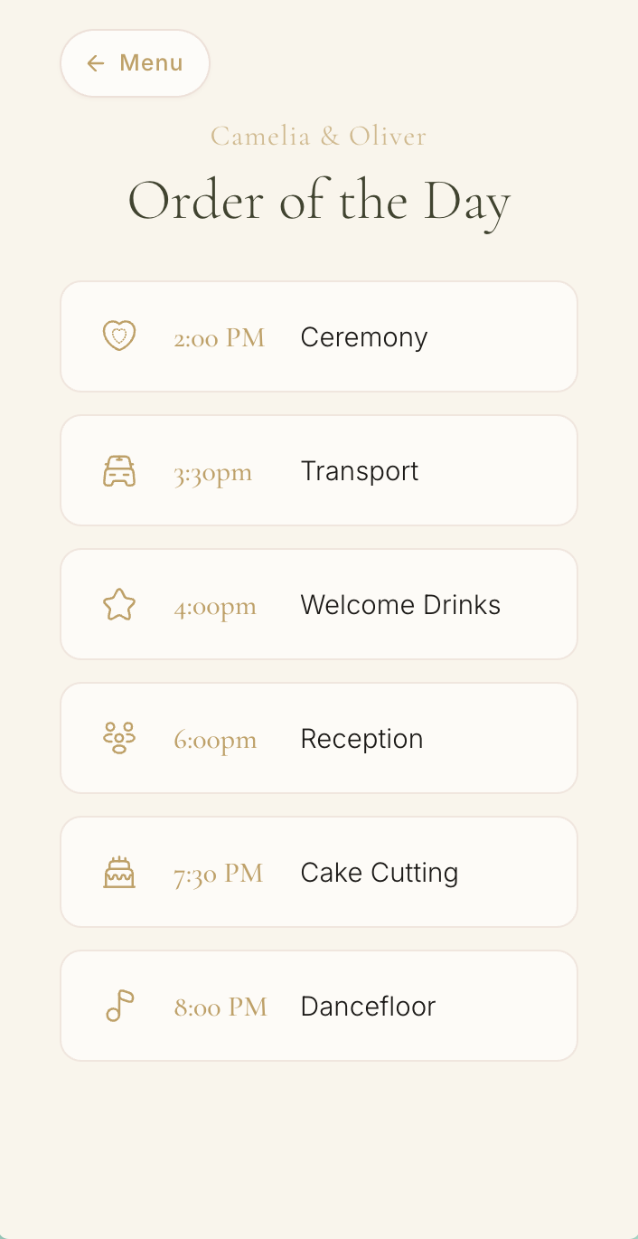 Order of the day showing ceremony at 2pm, transport, welcome drinks, reception, cake cutting, and dancefloor